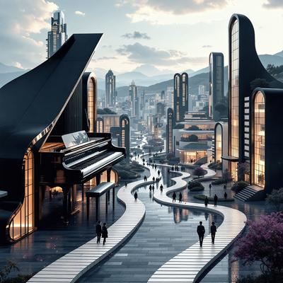 The primary subject of the image is a large black grand piano, which is prominently placed in the foreground. The setting is a futuristic cityscape, with a skyline visible in the background. The visual style is a combination of photo and digital art, creating a unique and intriguing atmosphere. The colors and mood of the image are predominantly dark and moody, with the black piano and cityscape creating a sense of mystery and sophistication.
